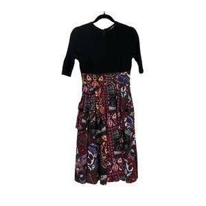 eShakti Women's Black Multi Abstract Short Sleeves Pleated Midi Dress Size‎ 0